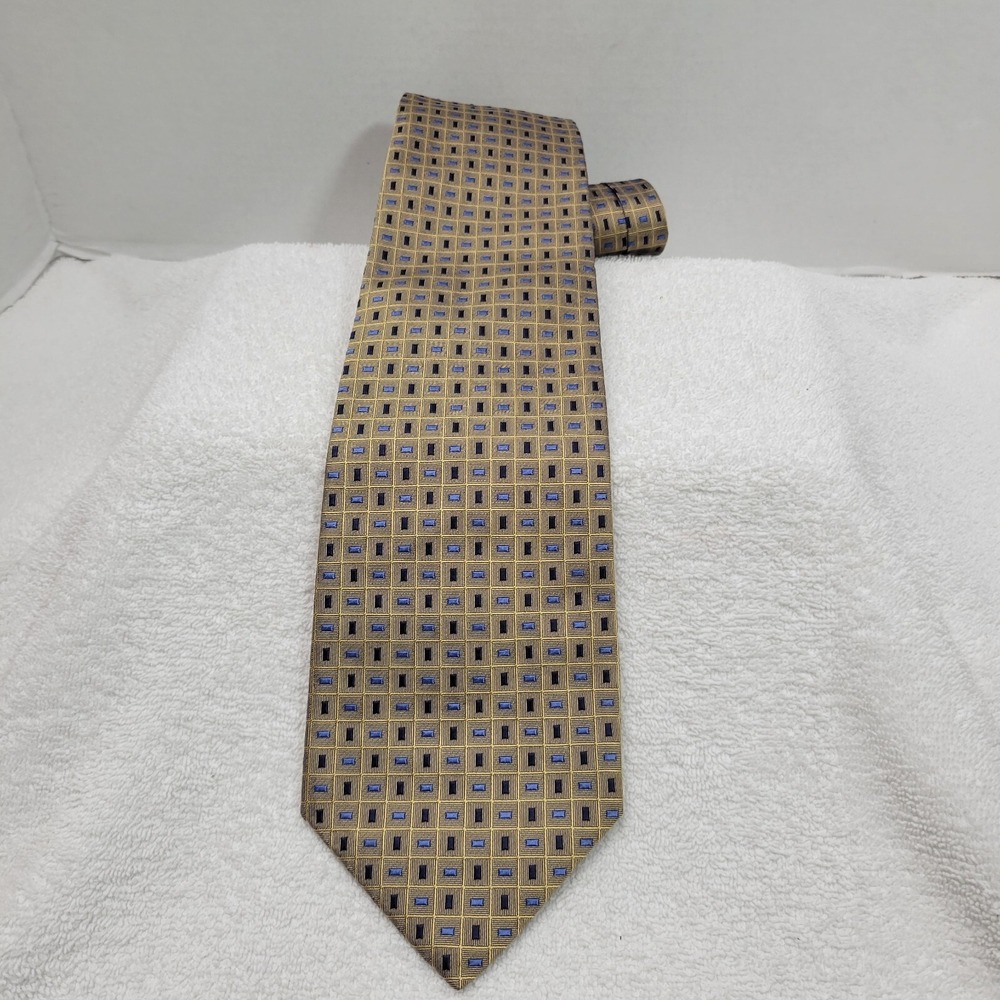 Dormeuil Paris London Necktie Gold/Black/Blue Geometric Pattern 100% Silk
